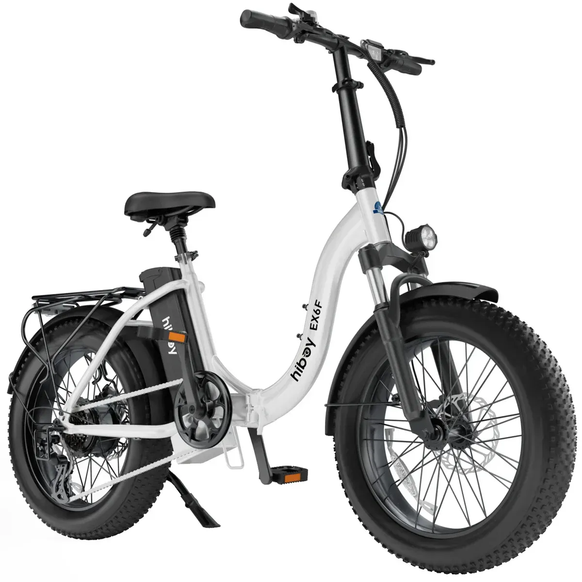 White folding electric bike with black tires, seat, and handlebars.