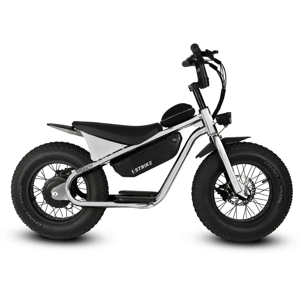 Silver electric bike with black tires and seat, outdoors.