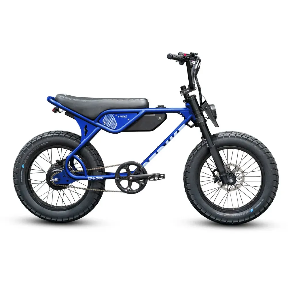 Blue electric bicycle with black tires and seat, outdoors.