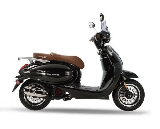 Black electric scooter with brown seat on a white background.