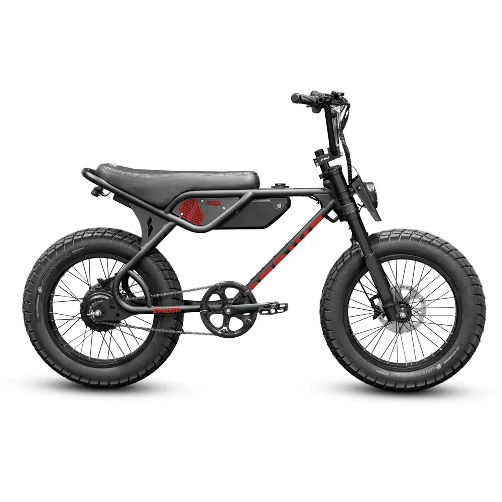 Blue electric bicycle with black tires and seat, on a white background.