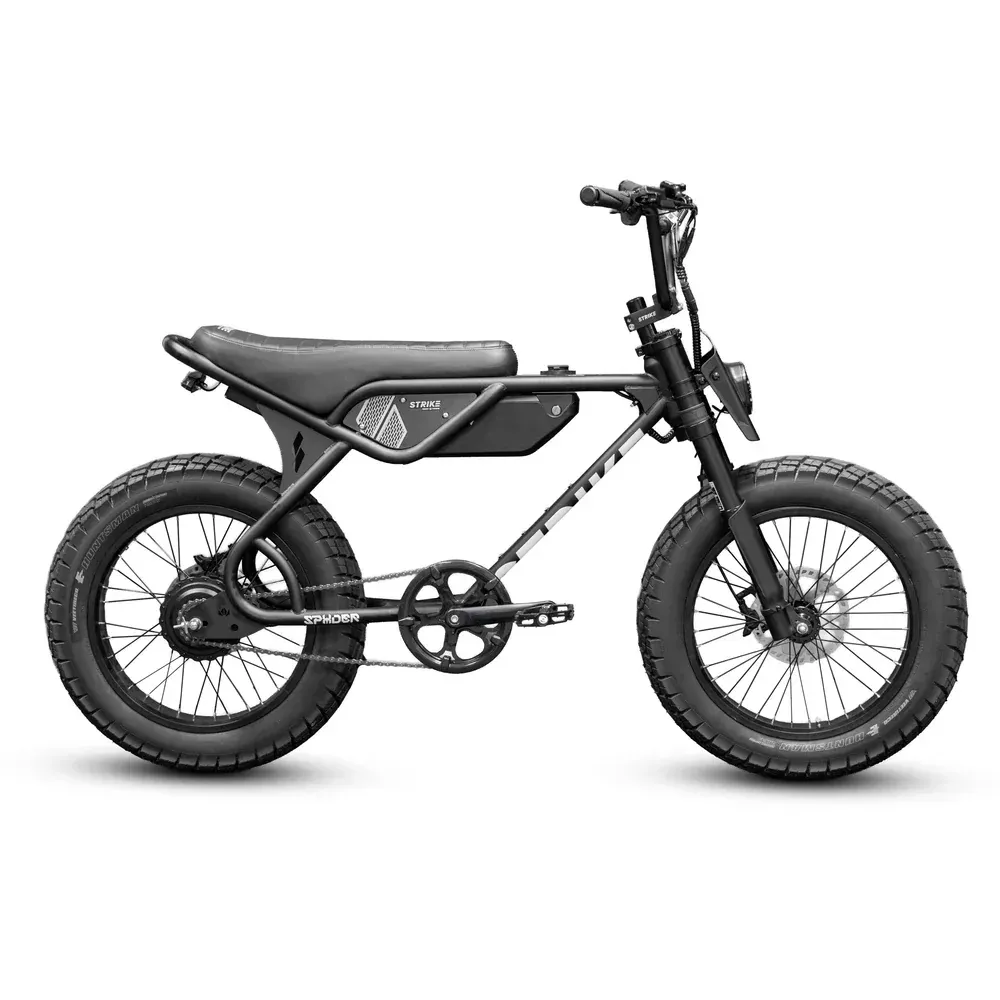 Black electric bicycle with thick tires, gray seat, and front headlight.