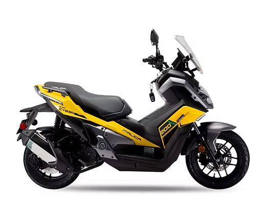 Yellow and black Italika scooter with windscreen, side view.