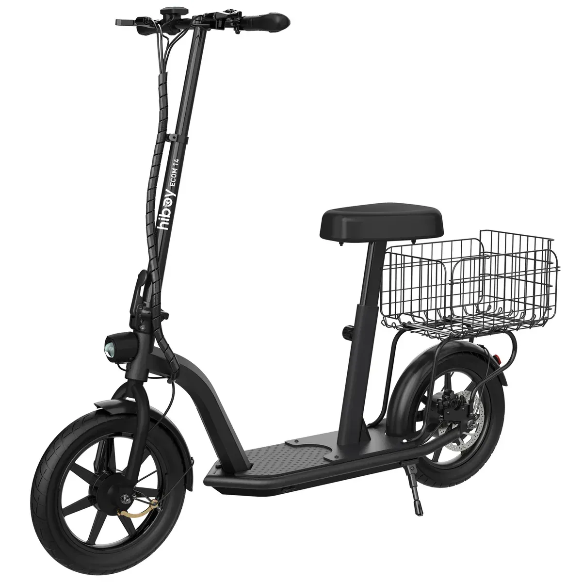 Silver electric scooter with a seat and basket.