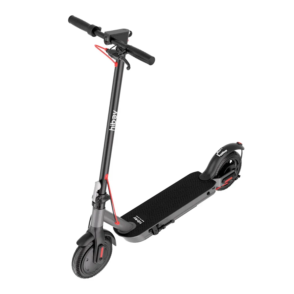 Black and gray electric scooter with red accents on a white background.