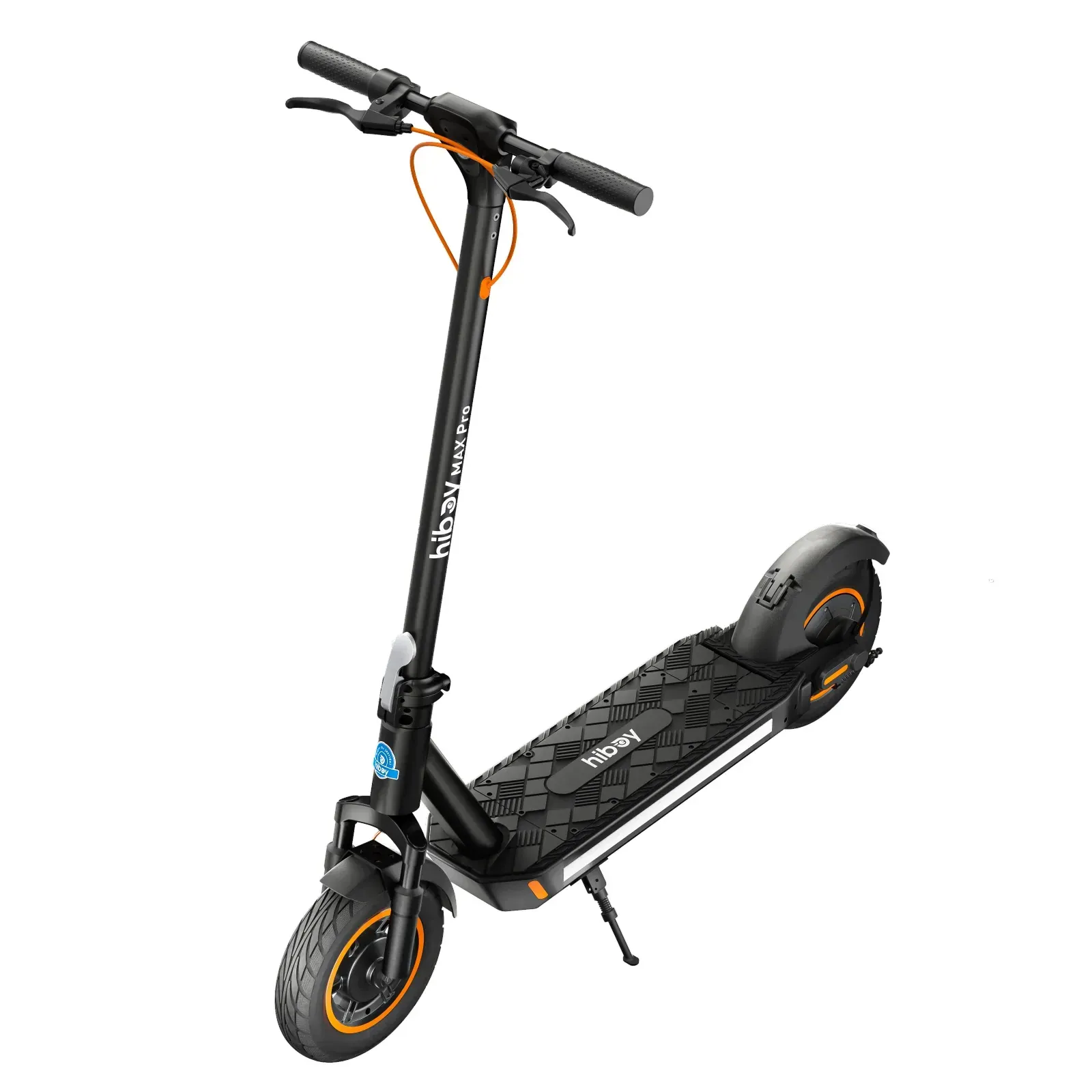Black electric scooter with orange accents, on a white background.