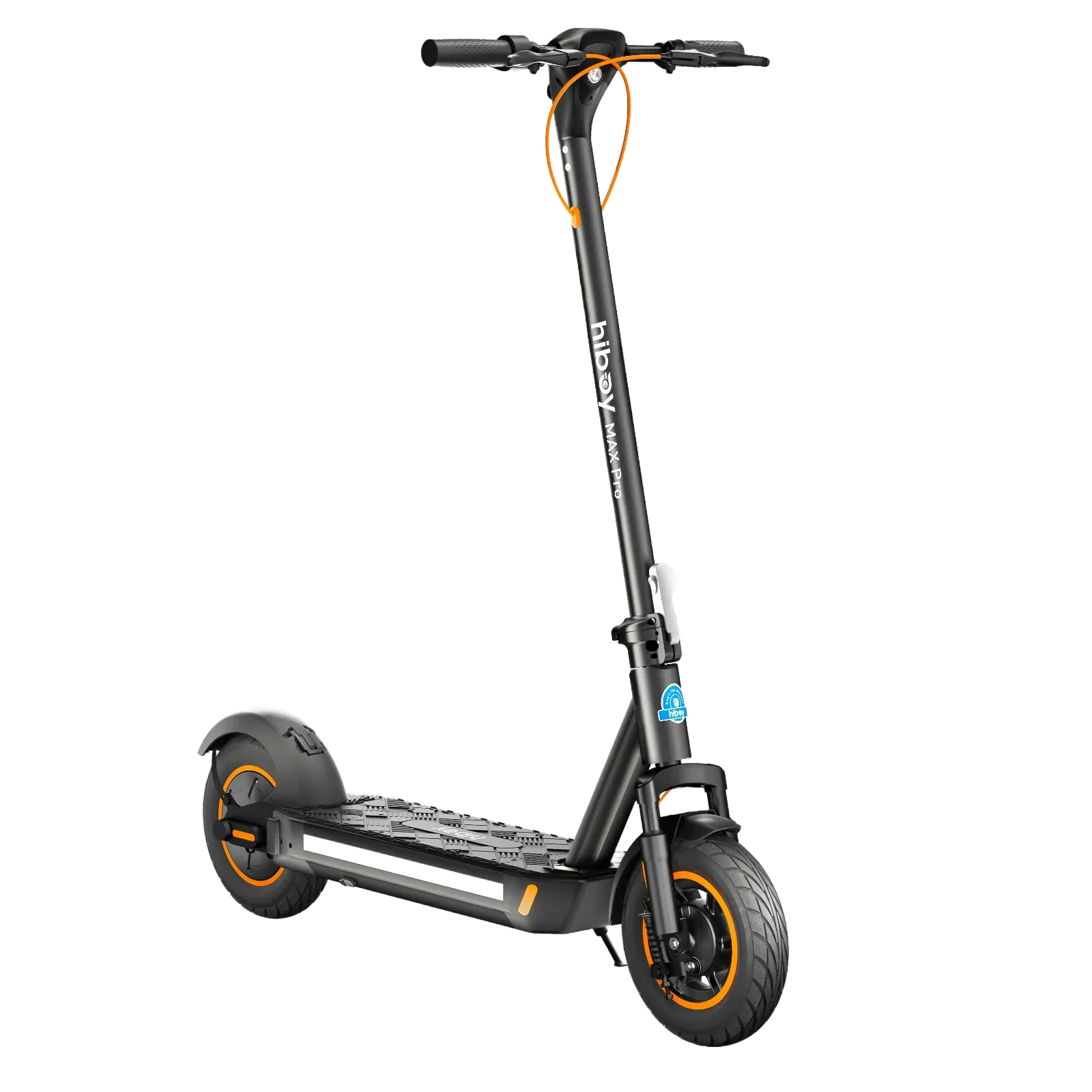Black and orange electric scooter with a foldable design on a light background.