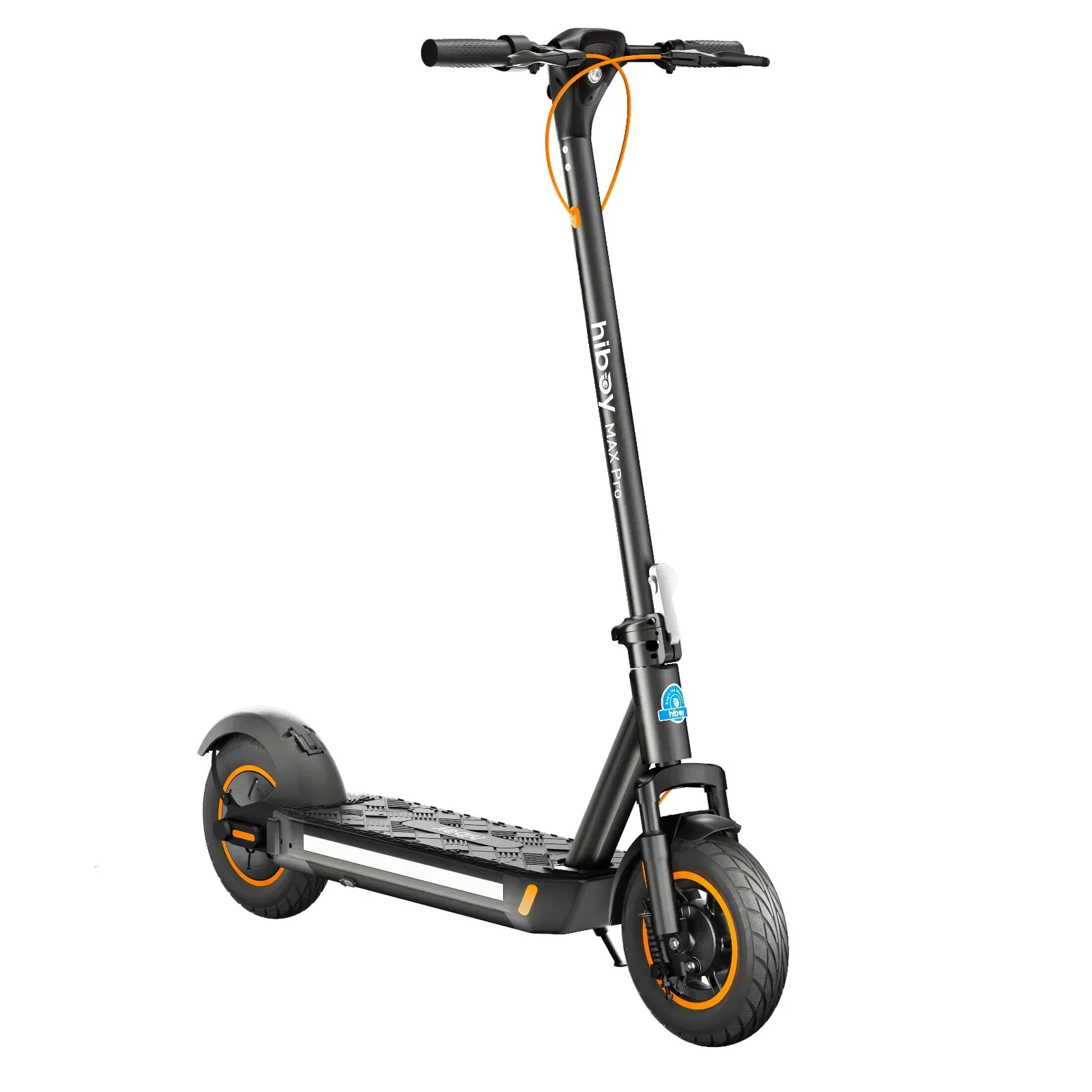 Black electric scooter with orange accents.