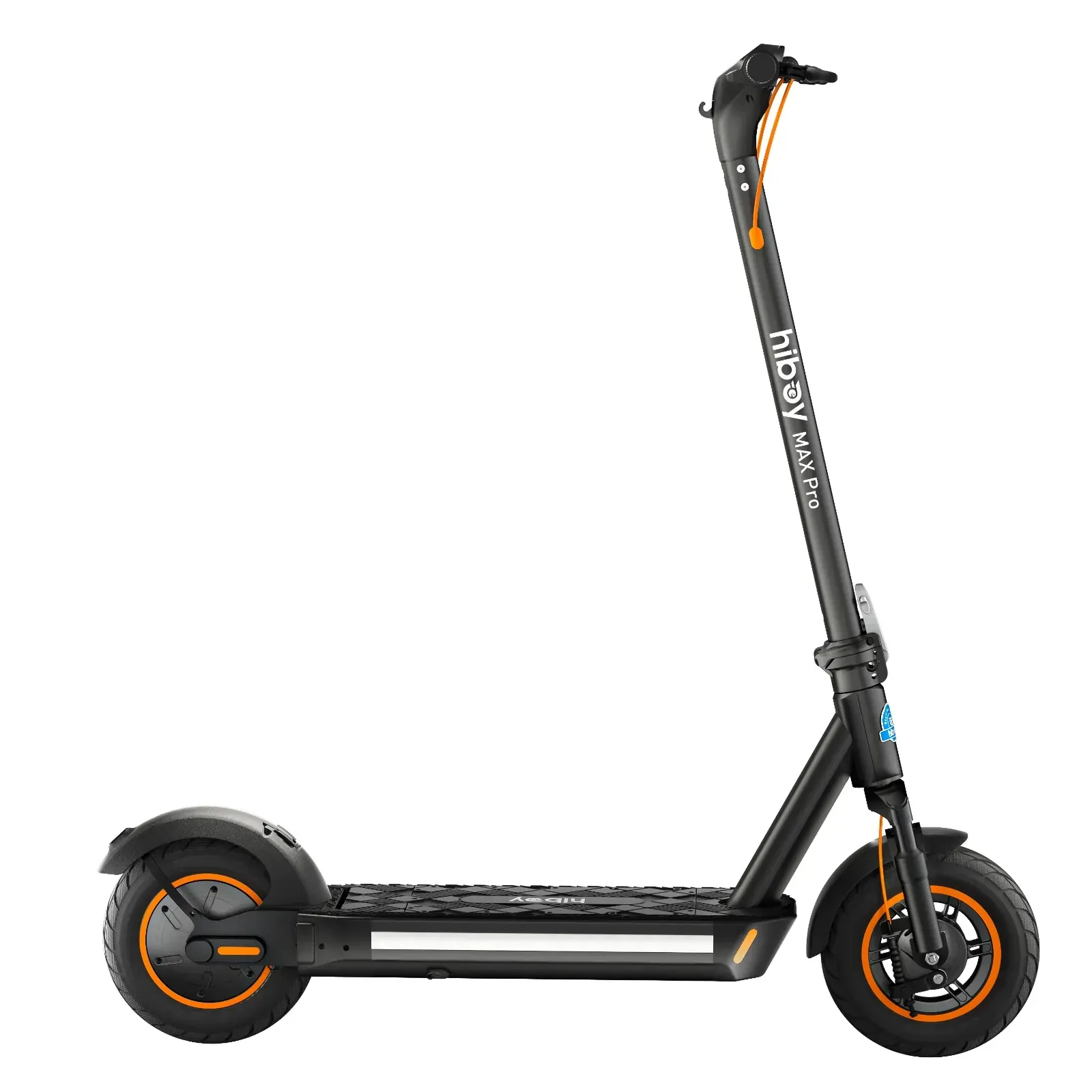 Black electric scooter with orange accents.