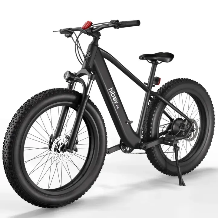 Black electric fat tire bicycle with thick tires, disc brakes, and a headlight.