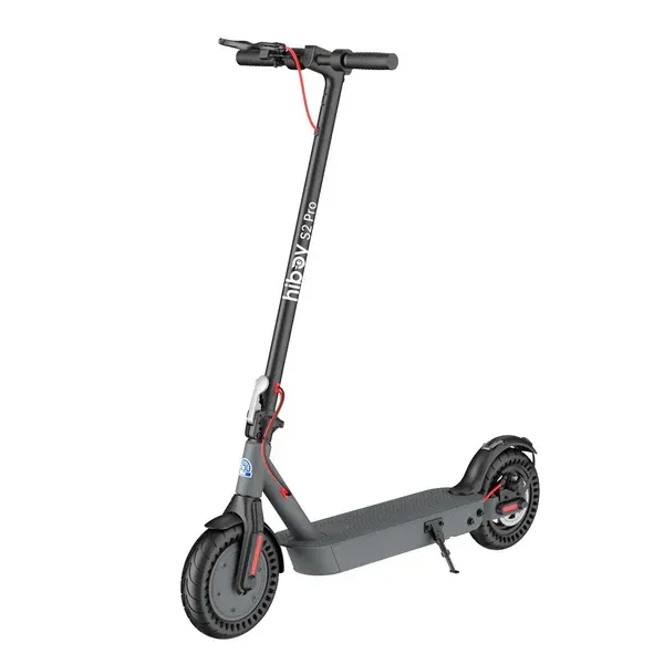 Black and gray electric scooter with red accent on a white background.