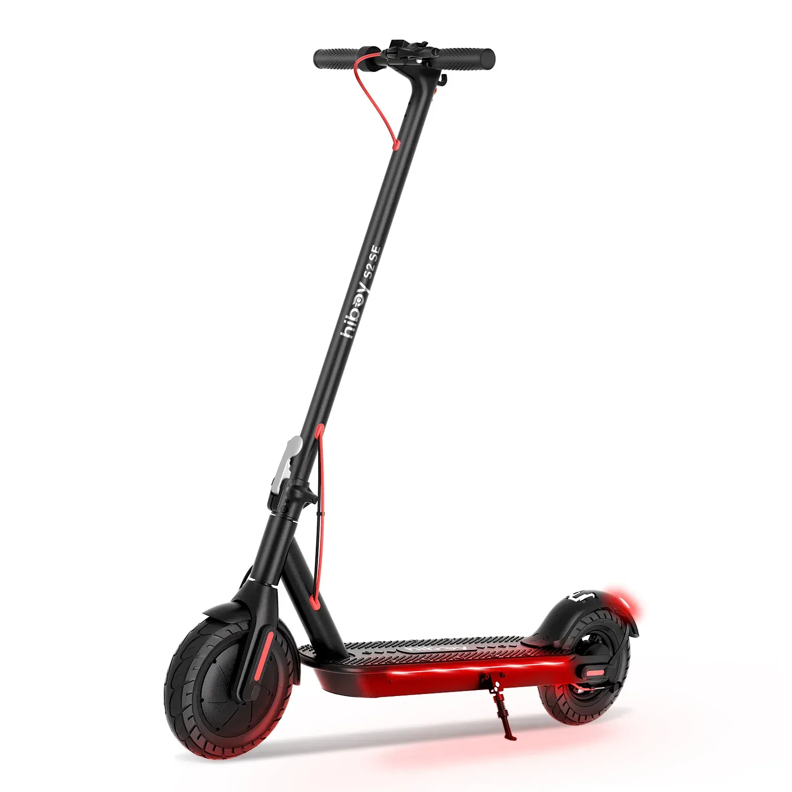 Black and red electric scooter, angled view on white background.