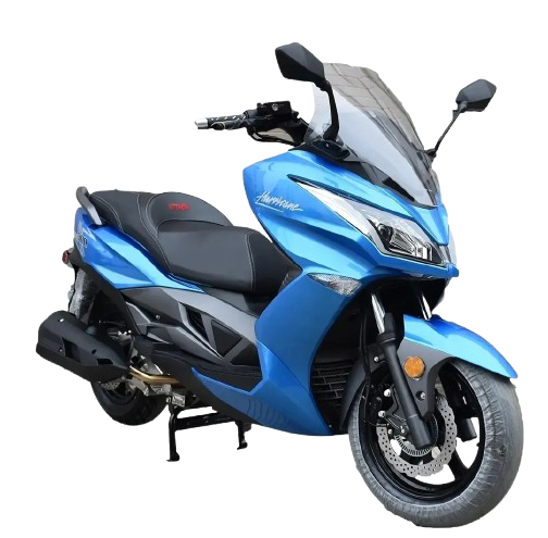 Blue motor scooter with black seat and windshield, parked on a surface.