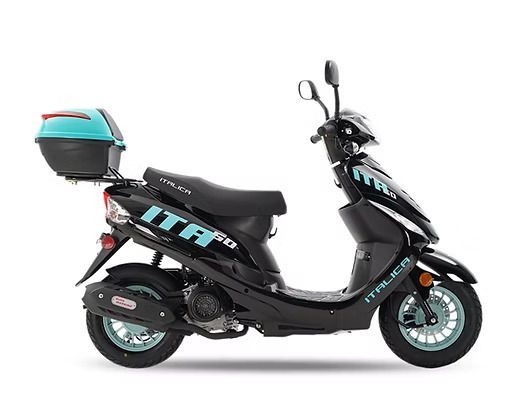 Black and turquoise Italika 50cc scooter with a storage box.
