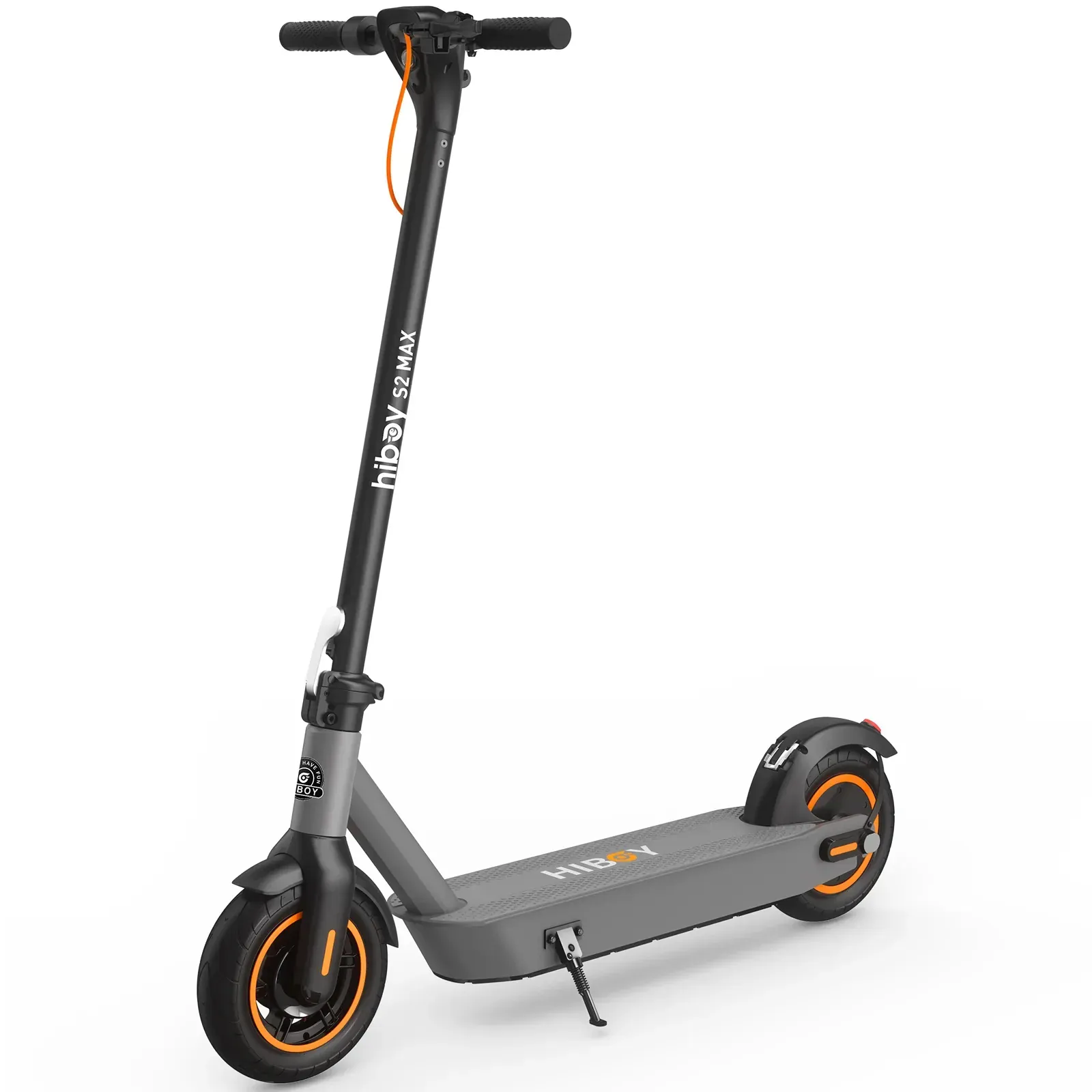 Gray electric scooter with black handlebar and orange accents.