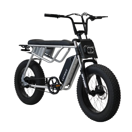 Silver electric bicycle with black tires and seat, outdoors.