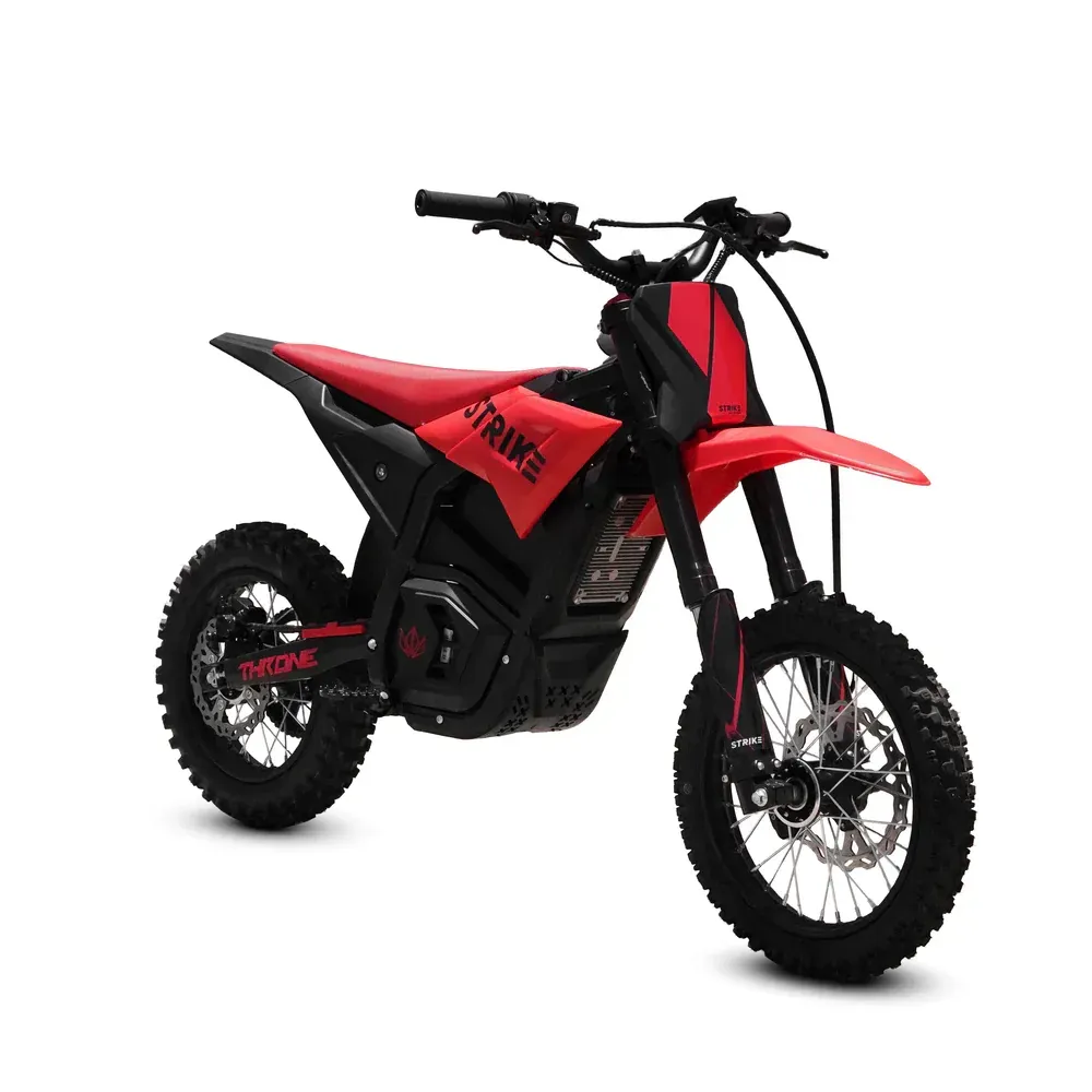 Red and black electric dirt bike on a white background.