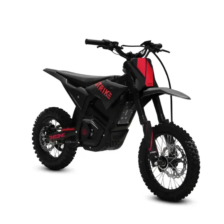 Black and red electric dirt bike on a white background.