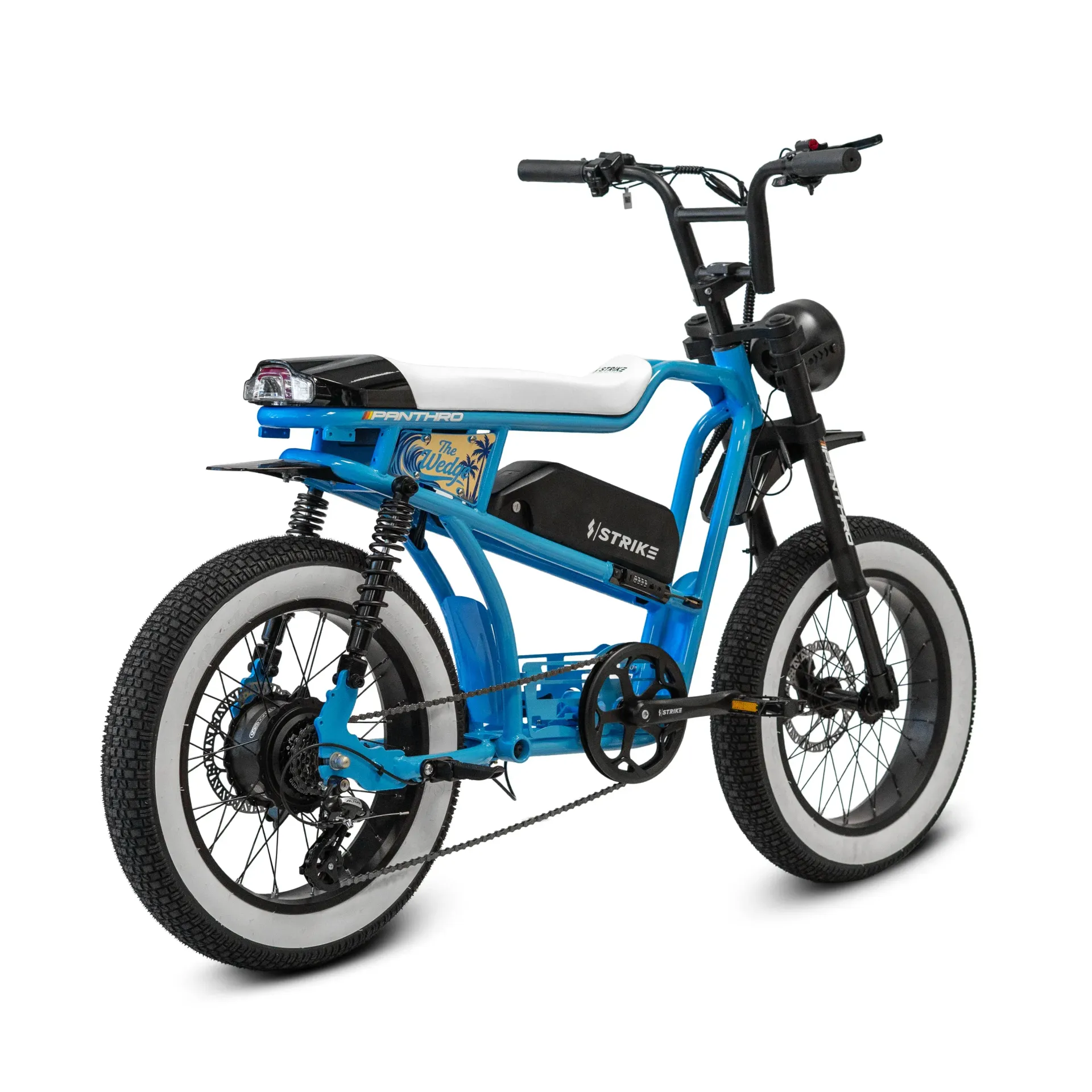 Blue electric bike with black tires and white sidewalls.