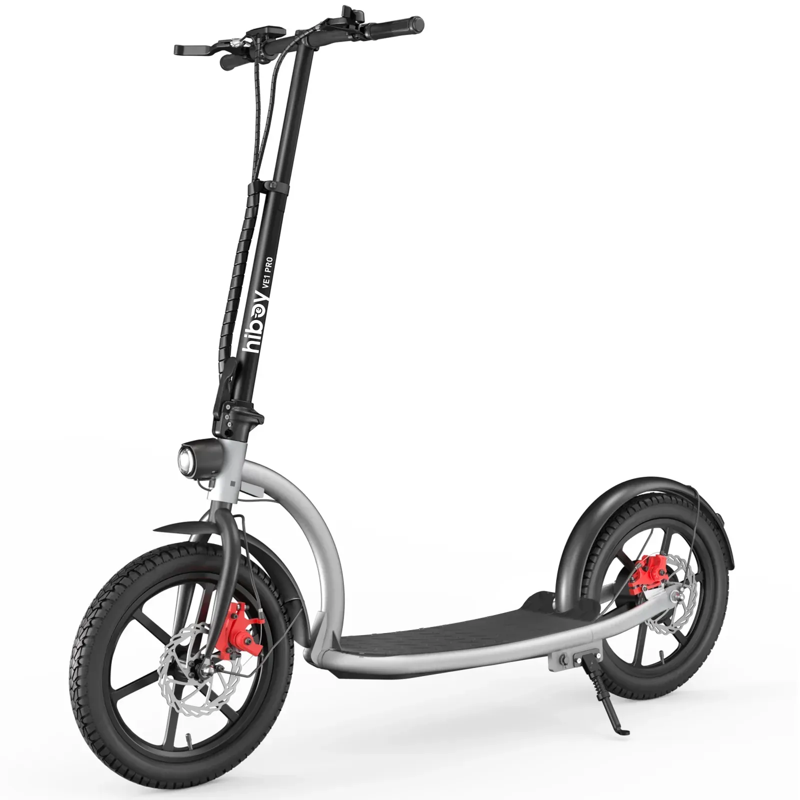 Silver electric scooter with black tires and handlebars, front headlight, and red brake calipers.