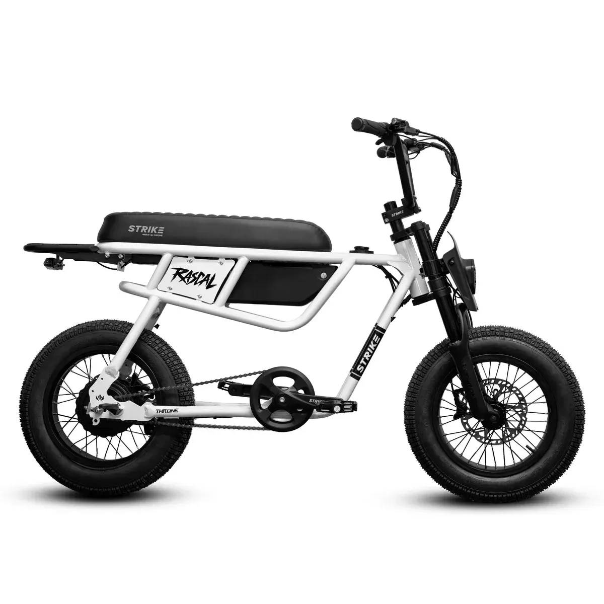 White electric bicycle with black tires and seat, outdoors.