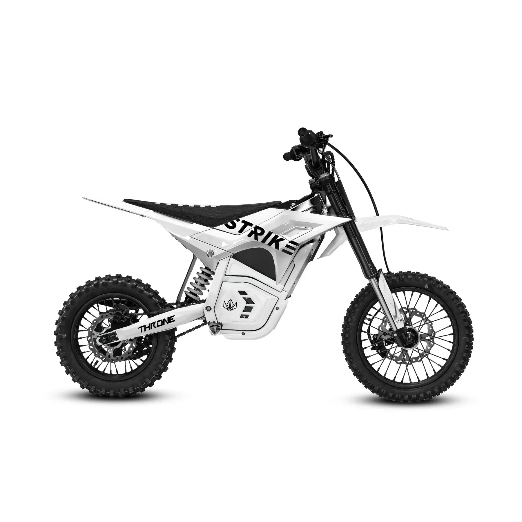 White electric dirt bike with black tires and accents.