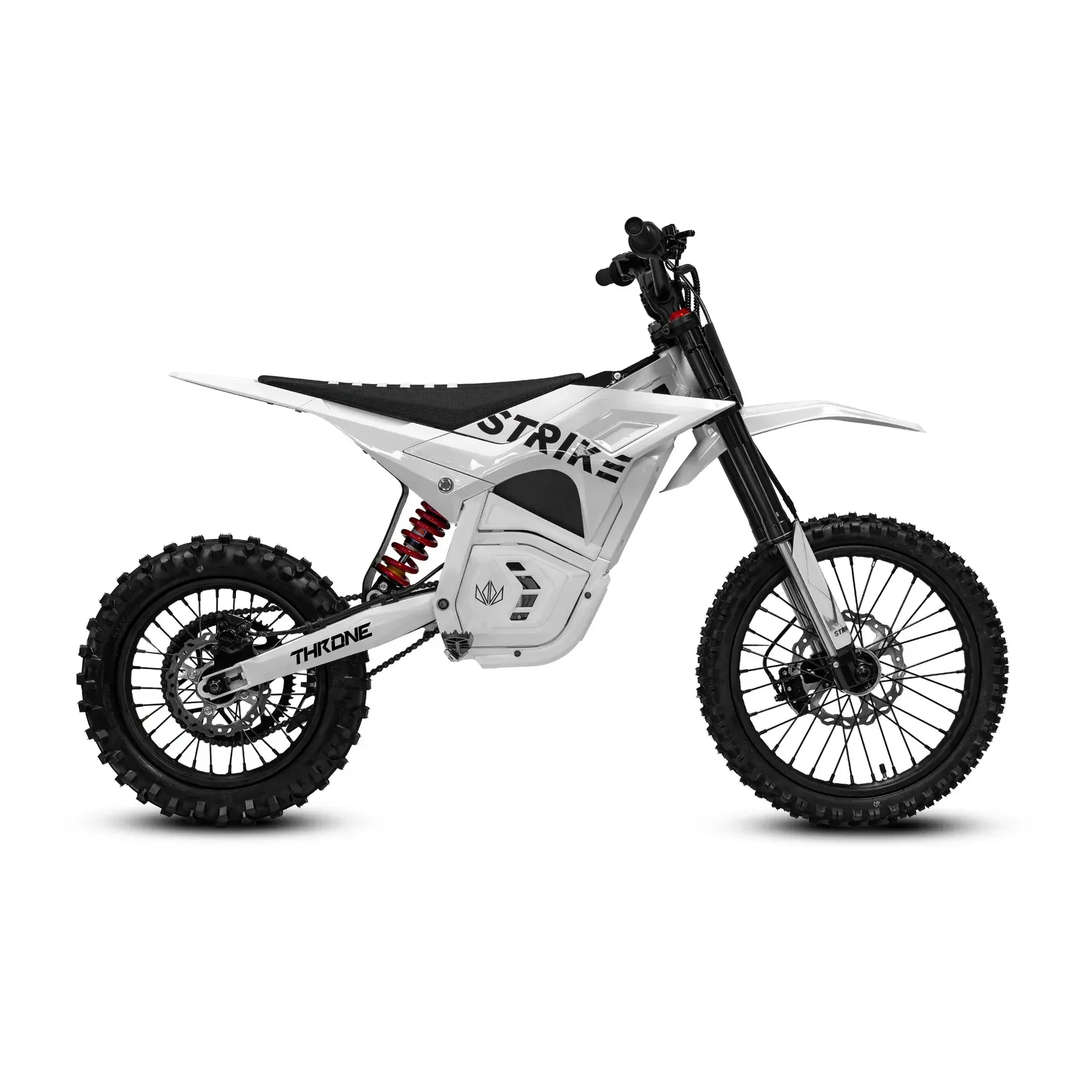White electric dirt bike, "STRIKE" logo, black tires, red shock absorber, outdoors.