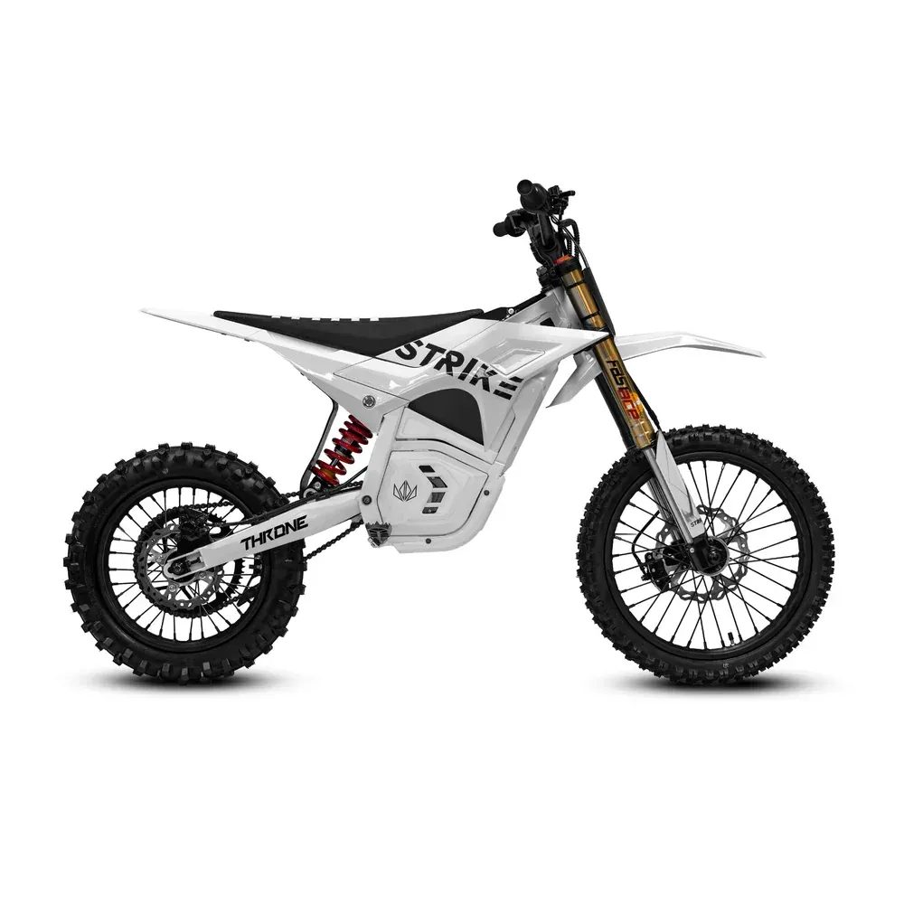 White electric dirt bike on a white background.