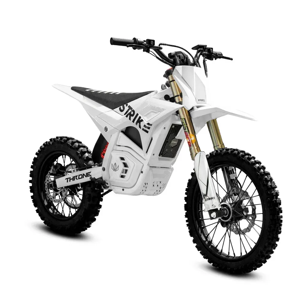 White electric dirt bike on a white background.