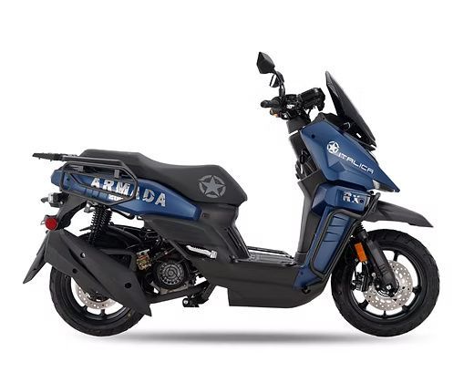 Blue and black Armada RX5 scooter with luggage rack, on white background.