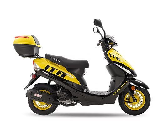 Yellow and black Italica scooter with a storage box, on a white background.