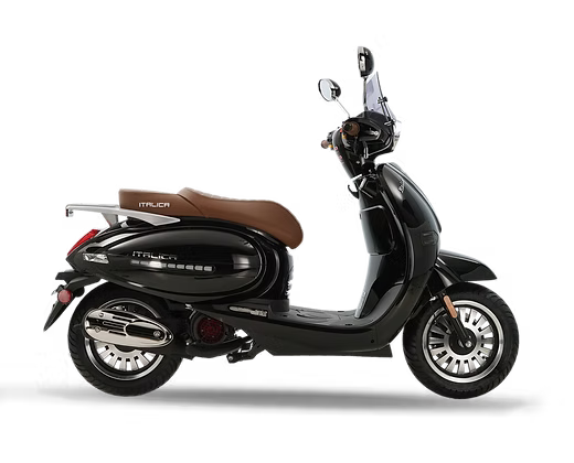 Black electric scooter with a brown seat, on a white background.