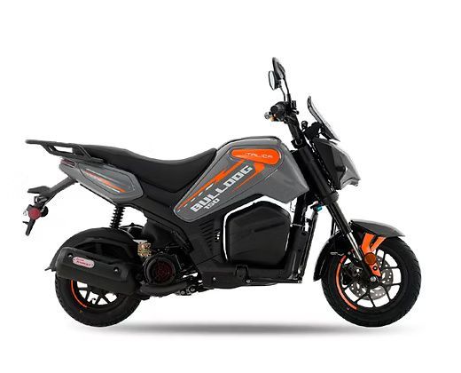 Gray and orange electric Bulldog motorcycle with black wheels and a small windshield.