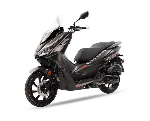 Dark gray scooter with black wheels and a windshield.