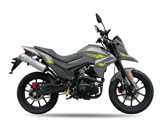 Gray Falcon motorcycle with yellow accents, black wheels, and off-road style.