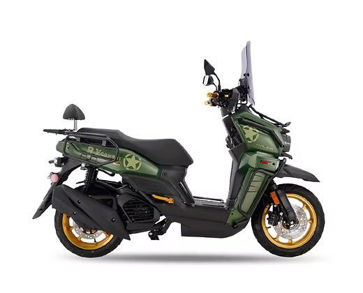 Green and black scooter with gold accents, military design, and luggage rack.