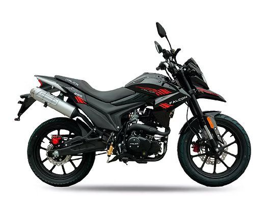 Black and red motorcycle on a white background. It's a dual-sport bike with off-road tires and an aggressive design.