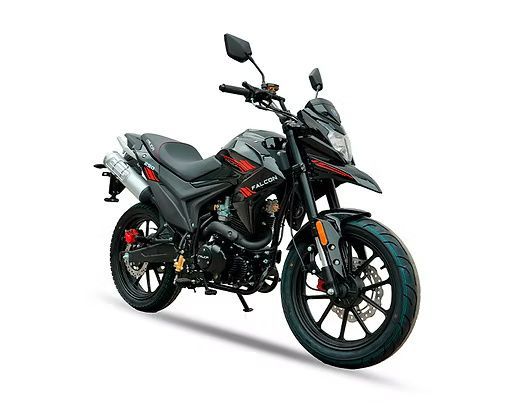 Black and red motorcycle on a white background. It's a dual-sport bike with off-road tires and an aggressive design.