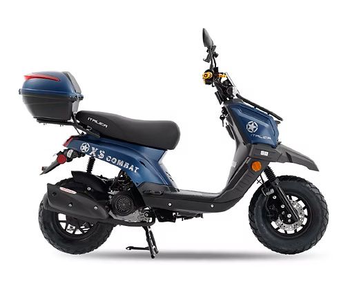 Blue XS Combat scooter with black wheels, storage box, and a kickstand, on a white background.
