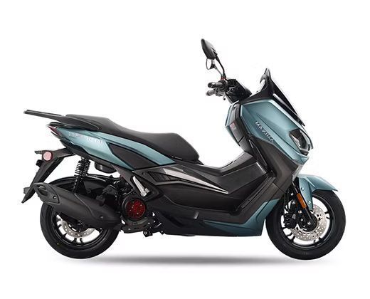 Blue scooter with black accents, parked on a white background.