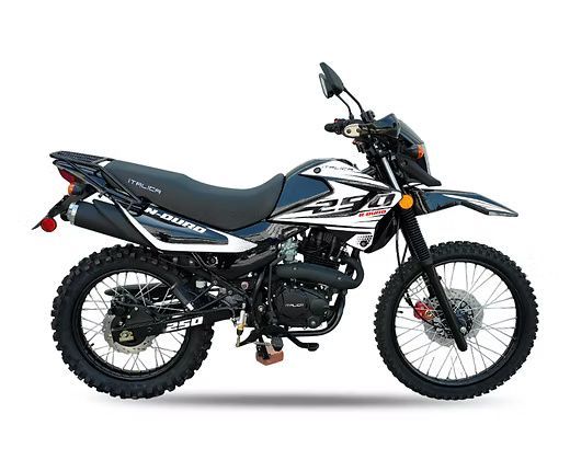 Black and blue Italika 250cc dual-sport motorcycle with knobby tires, on a white background.