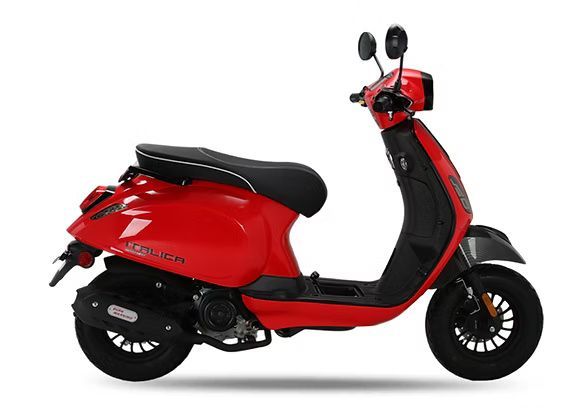 Red scooter with black accents, parked on a white background.