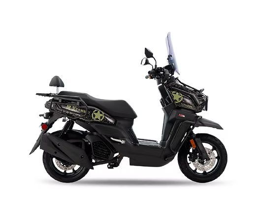 Black scooter with star graphics and a windshield.