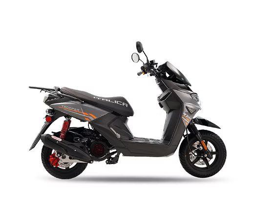 Dark gray Italika scooter with red accents, parked on a white background.