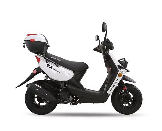 White and black scooter with a top case.