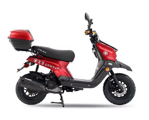 Red and black scooter with a cargo box, parked on a white surface.