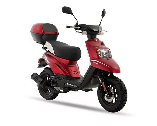 Red and white scooter with a black seat and storage compartment.