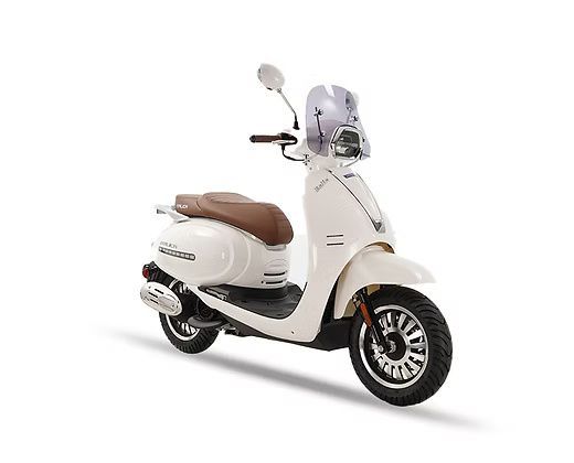 White motor scooter with brown seat, parked on a white background.