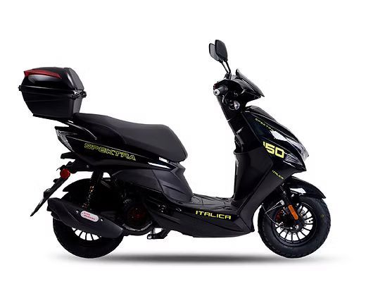 Black Italica Spectra 150 scooter with a storage box, on a white background.