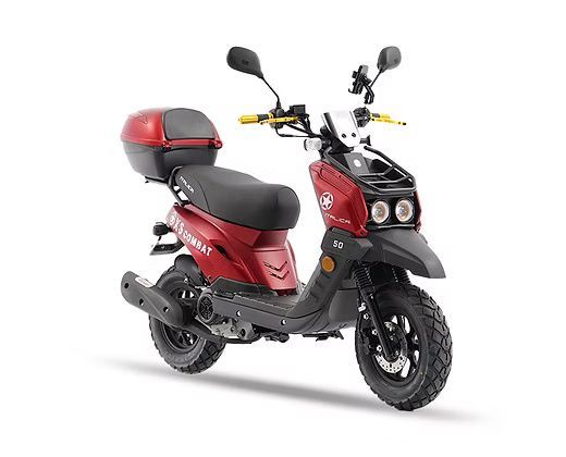 Red and black scooter with a cargo box, on a white background.
